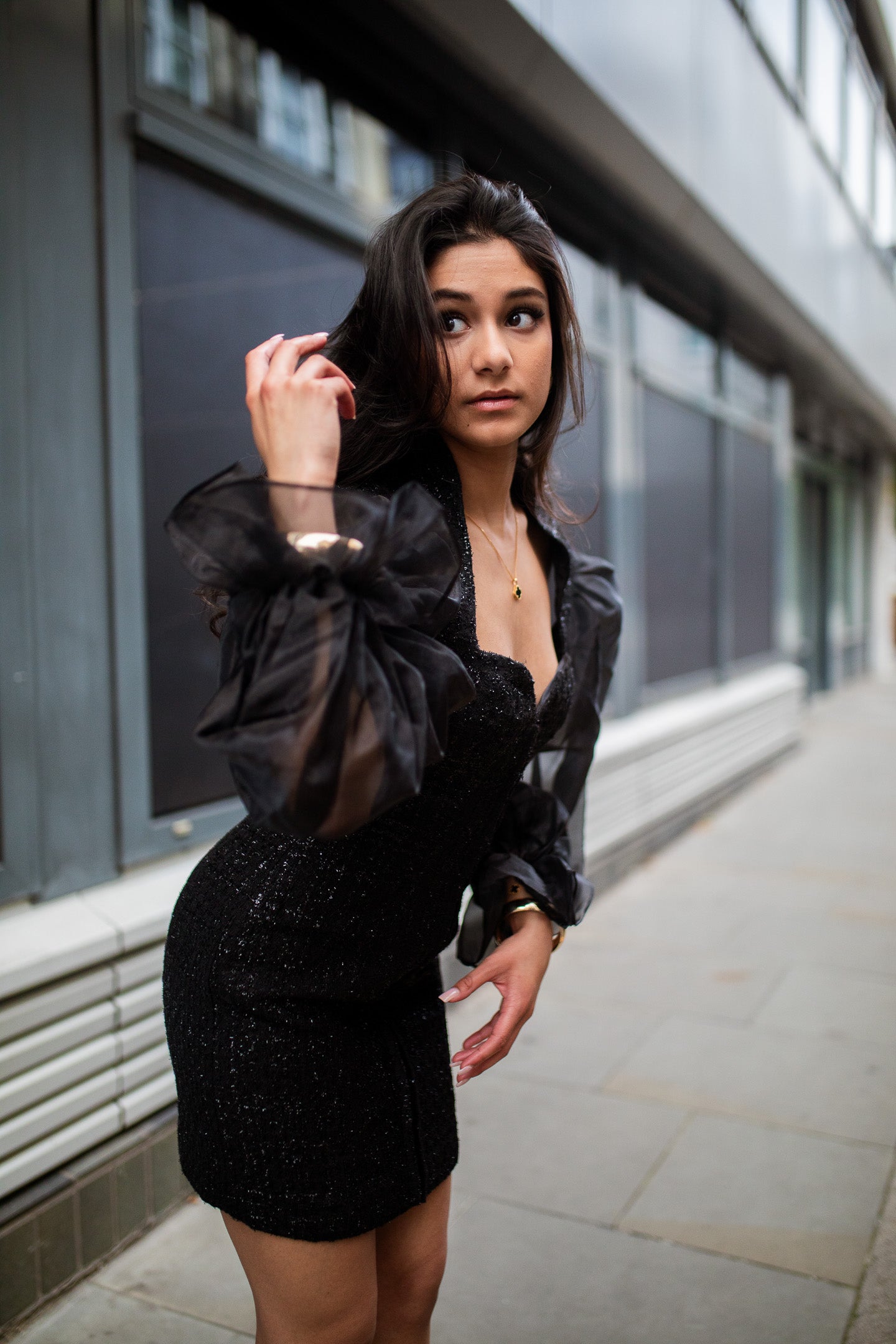 Jheez Noir Elegance Sheer Sleeve Dress
