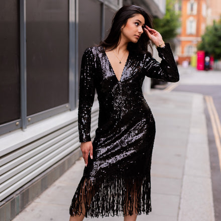 Jheez Midnight Radiance Sequin Fringe Dress