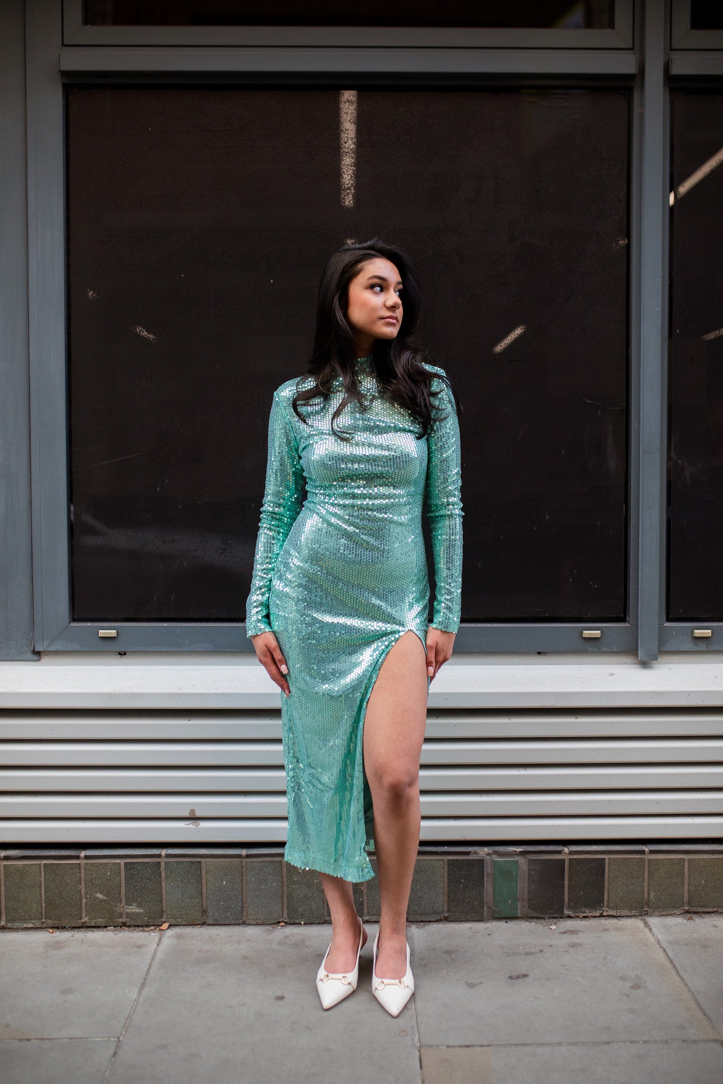 Jheez Aqua Dusk Sequin Gown