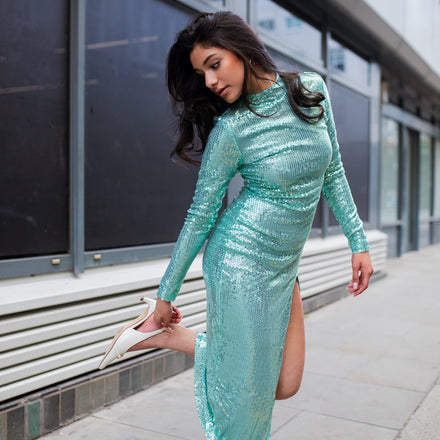 Jheez Aqua Dusk Sequin Gown