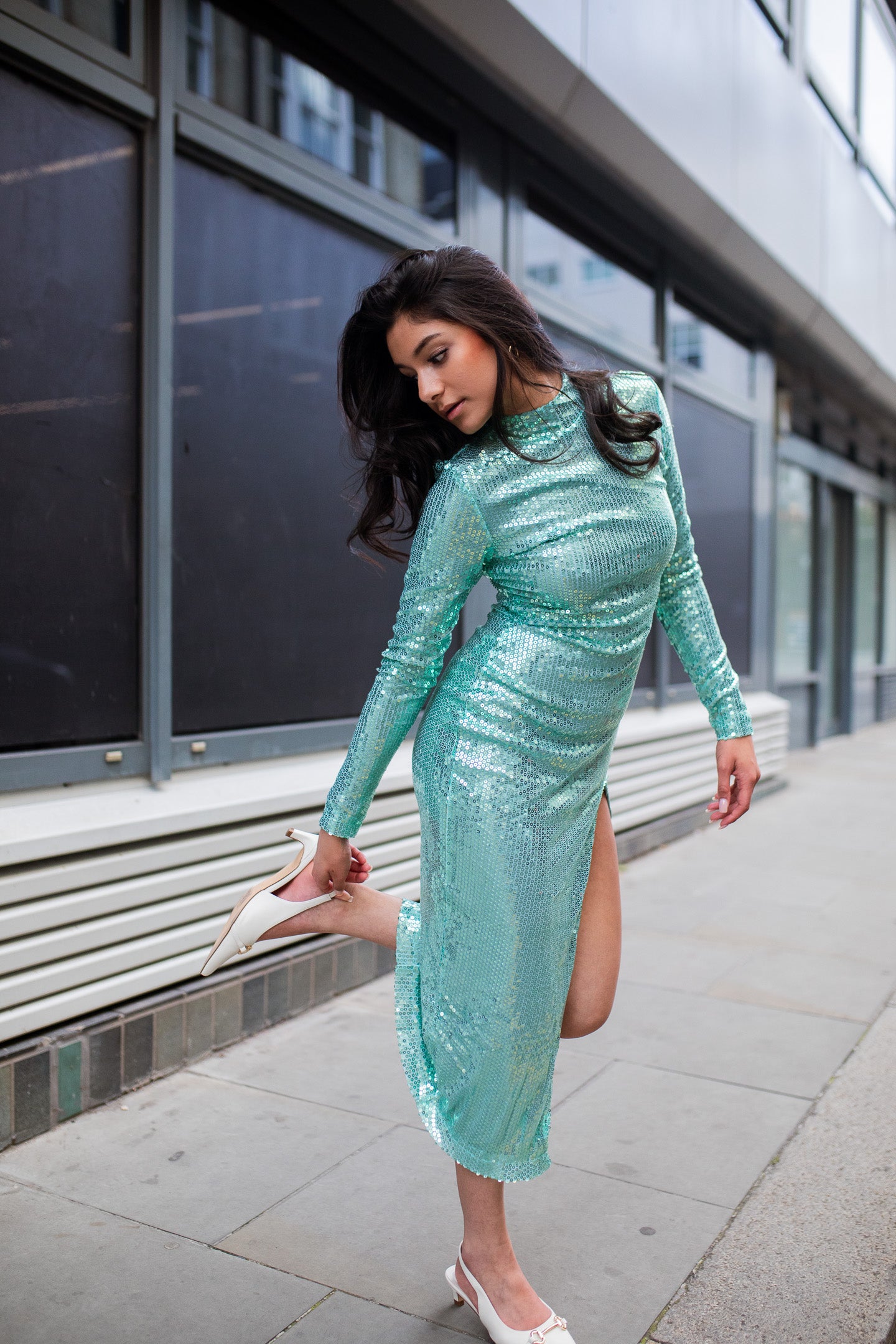Jheez Aqua Dusk Sequin Gown
